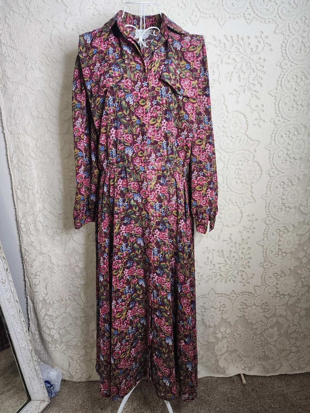 Floral Long-Sleeve Maxi Dress in Pink and Green